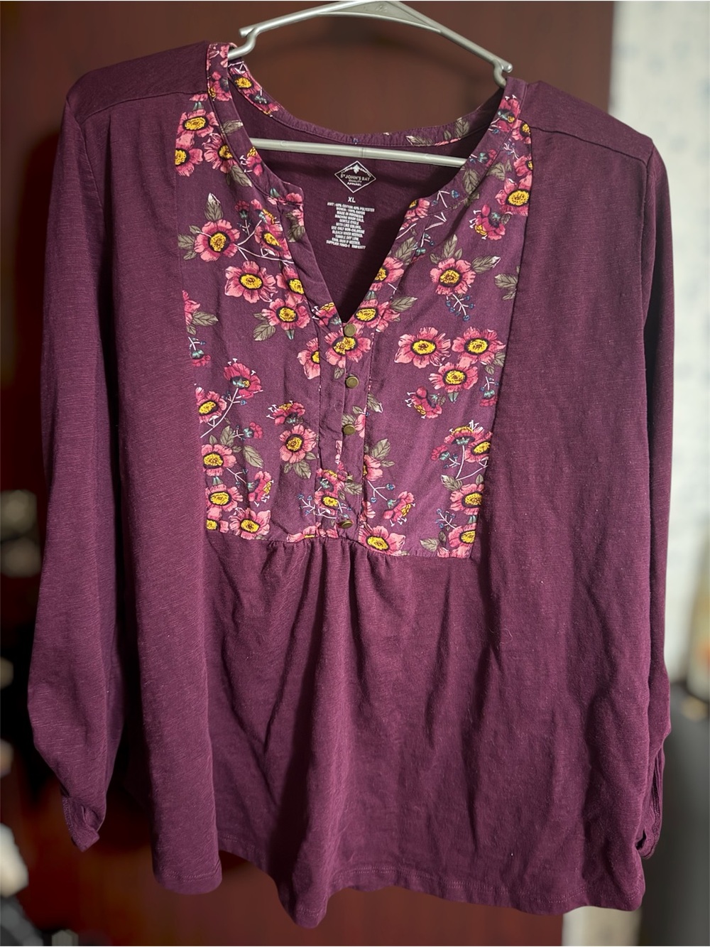 St. John's Bay Plum Henley Tunic with Floral Placket
